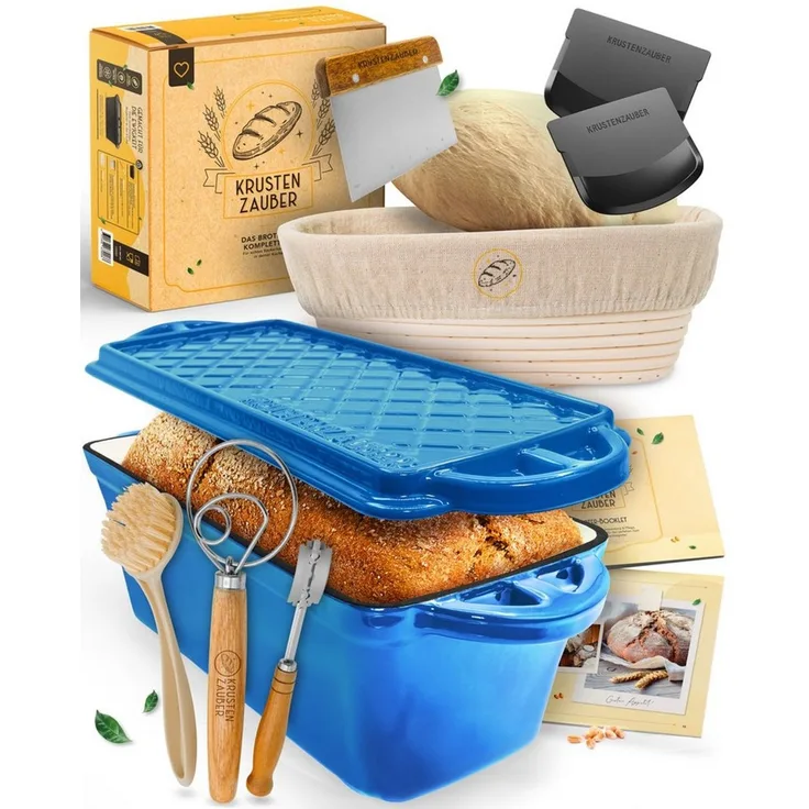 Krustenzauber Brotbackform Emaille Brotbackform 28cm mit Deckel im Komplettset, Kastenform Brot