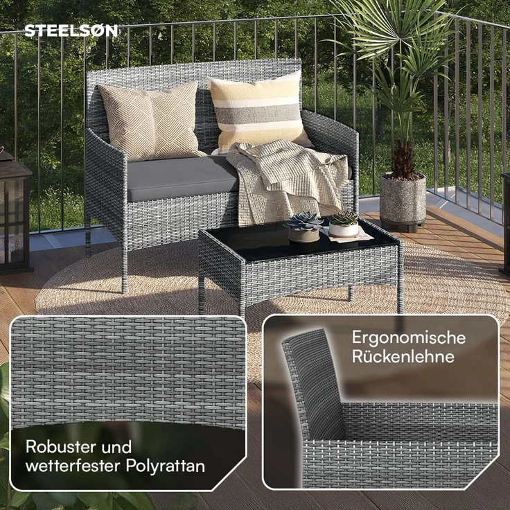 STEELSØN 'Thalora' Gartensofa 2er-Sitzer, inkl. Kissen, grau-meliert/anthrazit, 84x55x100 cm, aus Polyrattan – Bild 4