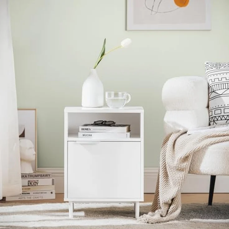 SoBuy Nachttisch FBT124-W, Beistelltisch mit 1 Tür, Weiß, modernes Design, Belastbarkeit bis 30kg, Maße 40x57x35cm – Bild 4