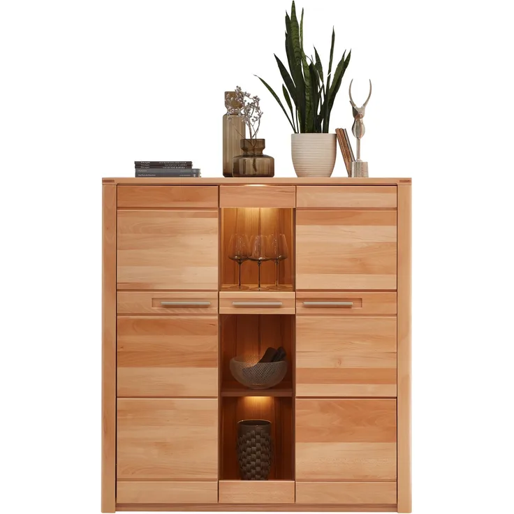 Highboard NATURE ONE Front Kernbuche massiv 3-türig - LED Beleuchtung