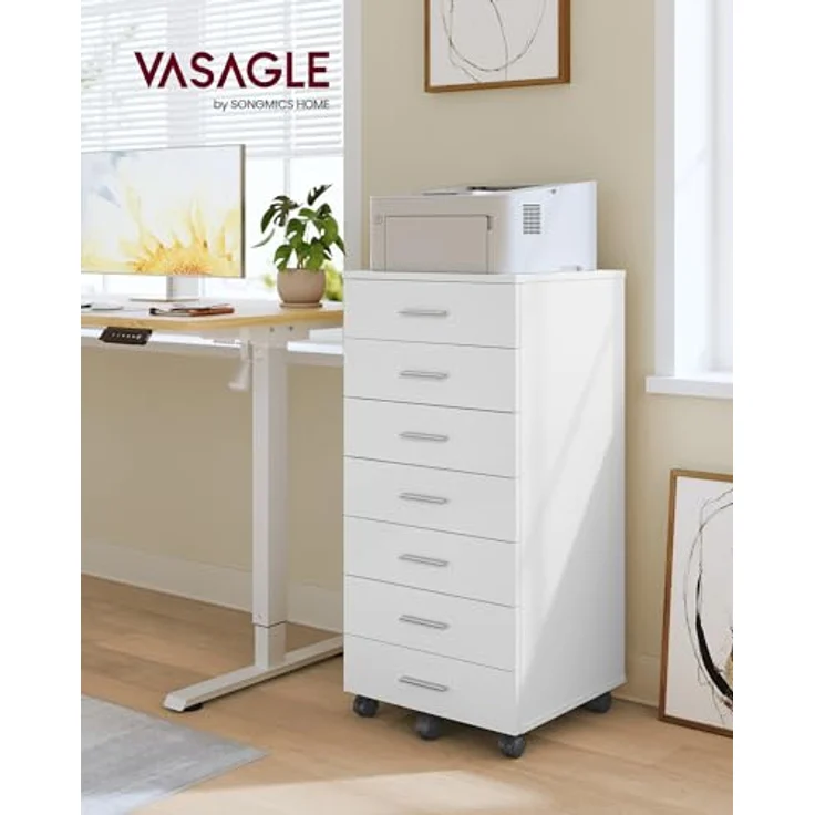 VASAGLE Rollcontainer, mobiler Aktenschrank, Schubladenschrank, Druckerständer mit 7 Schubladen, mit schraubenlosen Gleitschienen, für Büro, Homeoffice, wolkenweiß OFC085WB02 – Bild 3