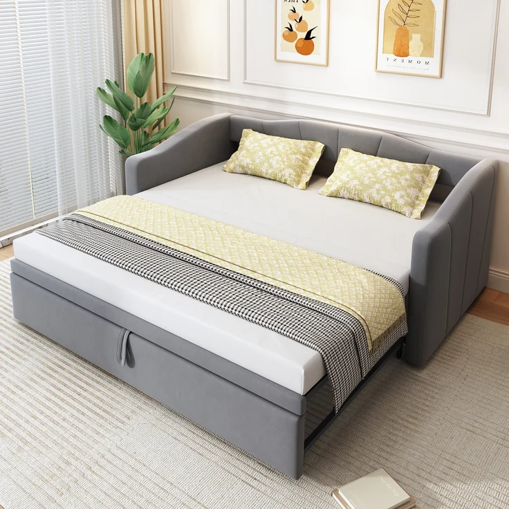 Polsterbett, Ausziehbares Schlafsofa 90/180 × 200 cm mit Lattenrosten, Multifunktionsbett aus hautfreundlichem Samtstoff, Samtstoff, Grau, 90/180 × 200 cm – Bild 1