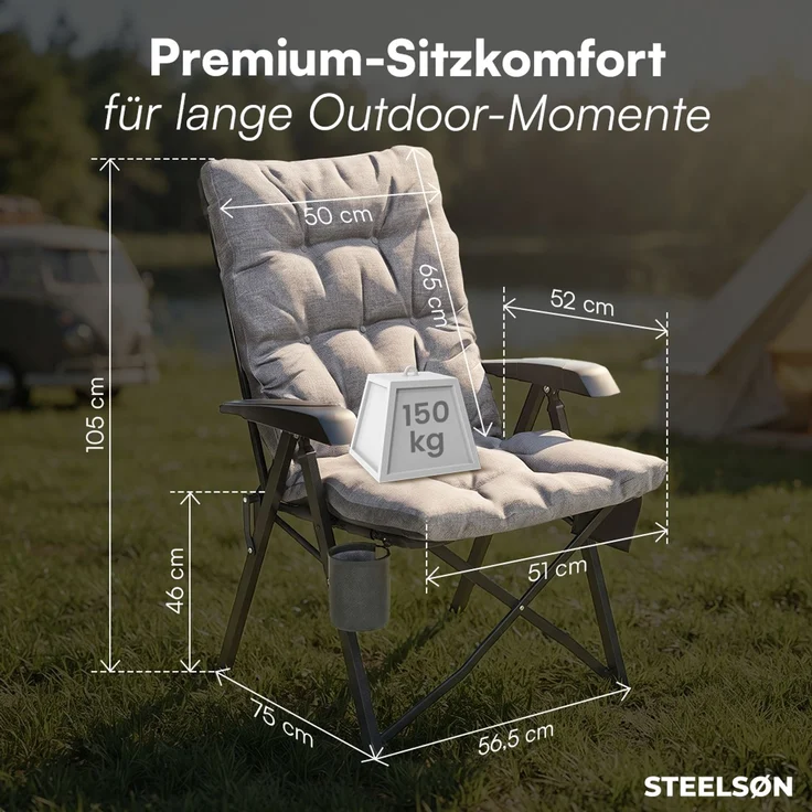 STEELSØN 'Hoggar' Campingstuhl faltbar mit Seitentasche und Getränkehalter, grau, bis 150 kg, gepolsterter Campingstuhl – Bild 9