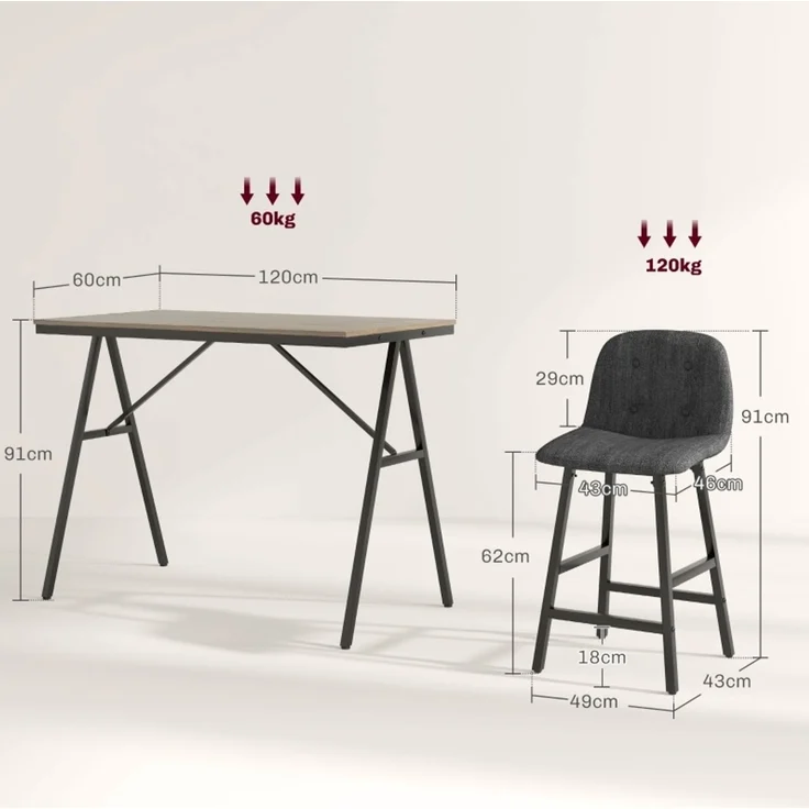 Bargarnitur 5-teilig, Tisch 120x60x91 cm und 4 gepolsterte Barhocker in Dunkelgrau – Bild 4
