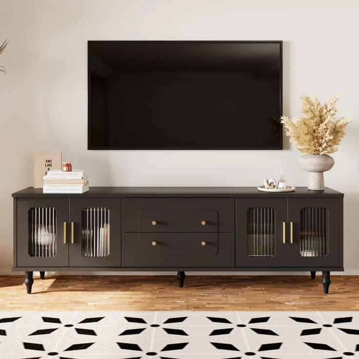 Lowboard 175x38x55,5 cm mit geriffelten Glastüren und goldenen Griffen – elegantes TV-Möbel – Bild 1