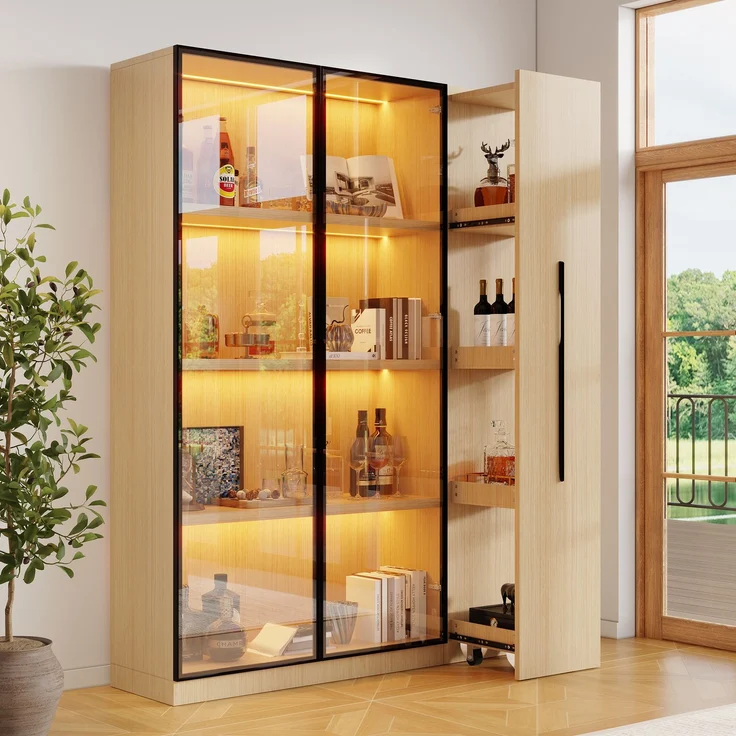 ZUBALIYA Multifunktionsschrank 110,5×35×160cm-Vitrine mit Glastür und LED, Seitenauszug, Rollschrank - Hochschrank im modernen Stil, Vitrine,Esszimmerschrank,Bücherregal, Badezimmerschrä – Bild 1