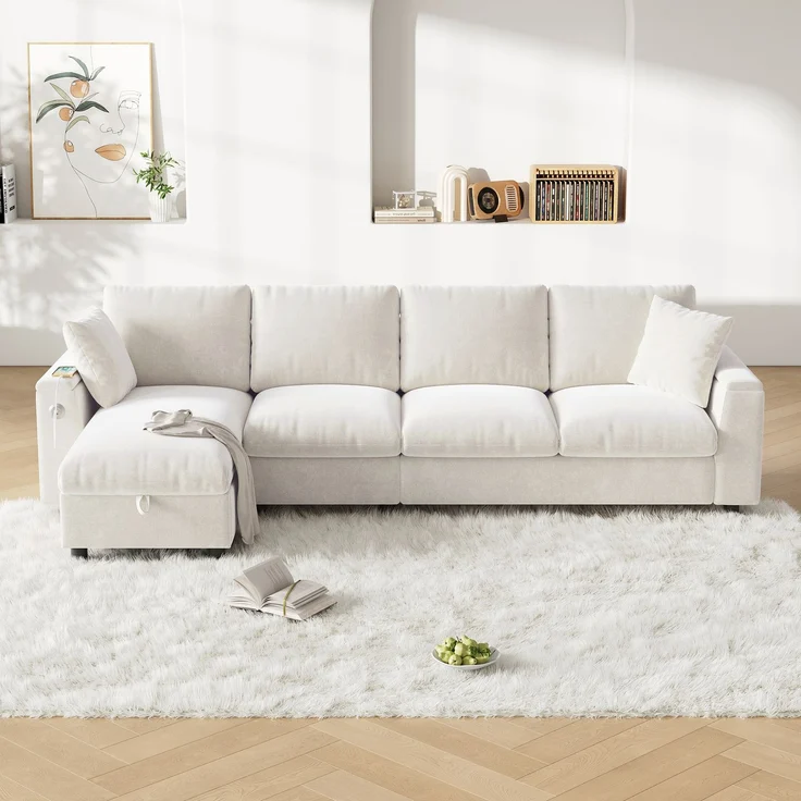 EINHOM Chenille-Stoffsofa, L-förmige Ecke und zwei Armlehnen mit Stauraum. Ausklappbarer Couchtisch mit zwei Getränkehaltern, 1 USB und 1 Typ-C. L-förmiger Teil kann links oder rechts platziert werden. Beige – Bild 7