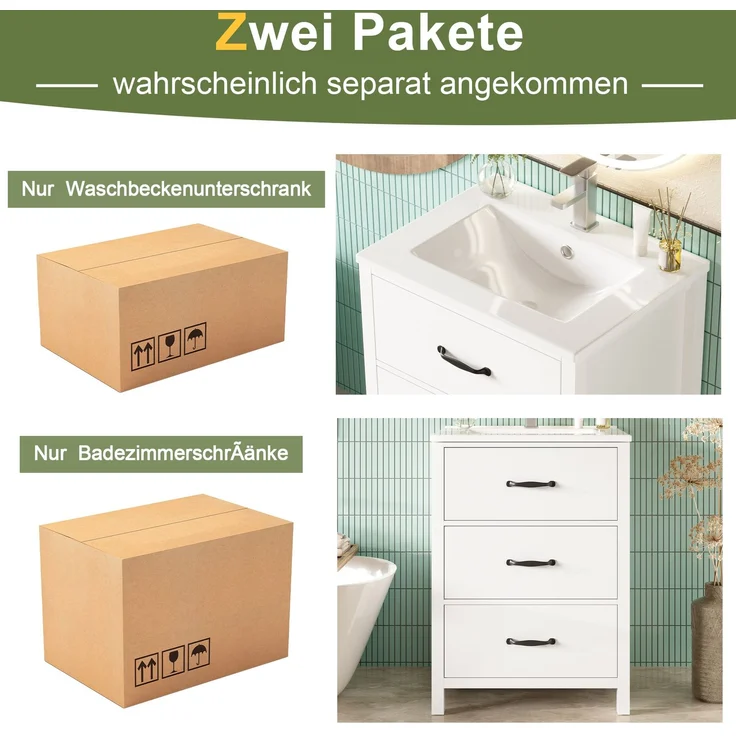 Waschtisch 61 x 47 x 83 cm mit Keramikbecken und drei Schubladen, Weiß – Bild 6