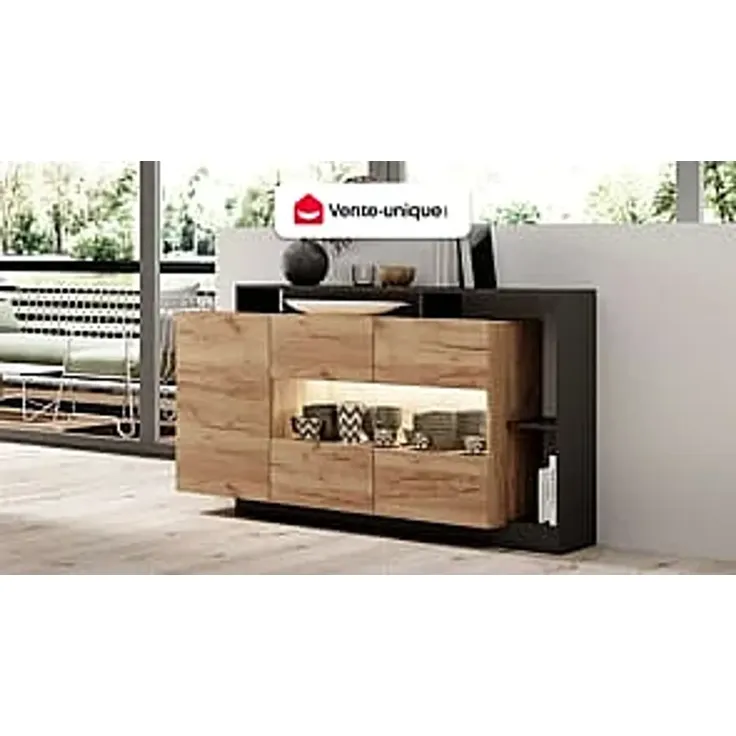 Vente-unique 'IDESIA' Sideboard mit 3 Türen, 3 Ablagen & LED-Beleuchtung, Holzspanplatte anthrazit / naturfarben, 155 x 44 x 93,5 cm – Bild 2
