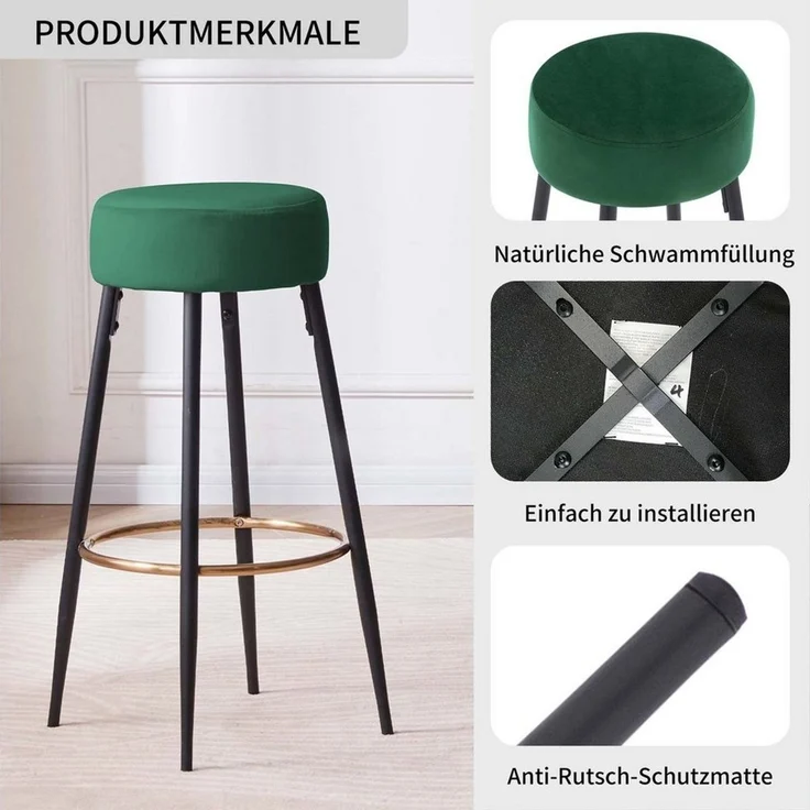 Duhome Barhocker (5168F), Barstühle 2er Set Runde Tresenhocker Samt Bistrohocker mit Fußstütze – Bild 4