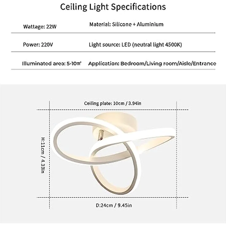 Comely LED Deckenleuchte, 22W 2500LM Deckenlampe Natürliches Weiß 4500K, Modern Küchenlampe aus Aluminium LED Schlafzimmerlampe Weiß für Flur Küche Balkon Studio, Durchmesser 24cm – Bild 4