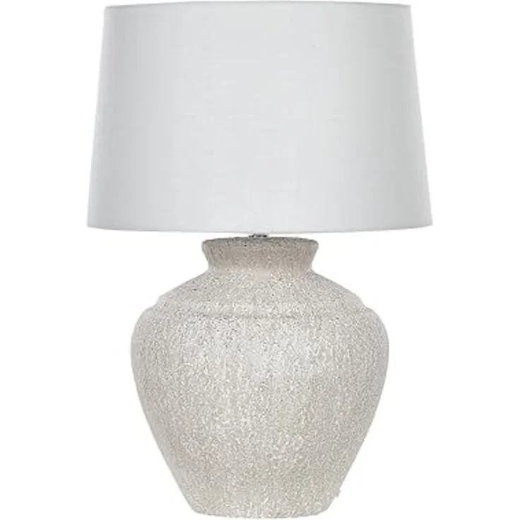 'Caine' Tischlampe mit Keramikfuß Creme 60 cm Steinoptik Langes Kabel mit Schalter Lampenschirm aus Baumwolle / Jute in Weiß Wohnzimmer Schlafzimmer