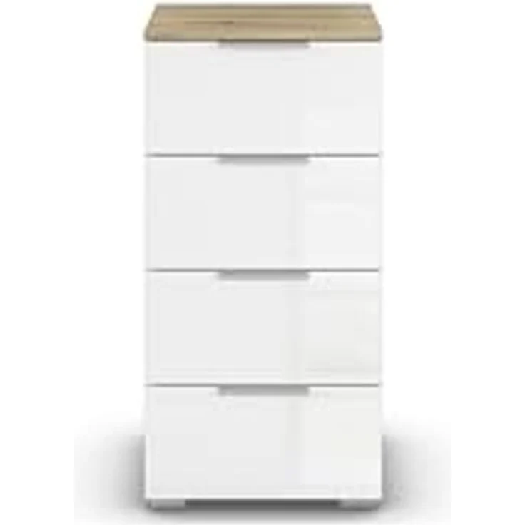 Rauch Möbel Alabama, Kommode für Schlafzimmer, Kinderzimmer, Garderobe, Flur, mit 4 Schubladen, Soft-Close-Funktion, Farbe Weiß Hochglanz/Eiche Artisan, Holz, Griff Alufarben, Maße 40 x 81 x 42 cm – Bild 4