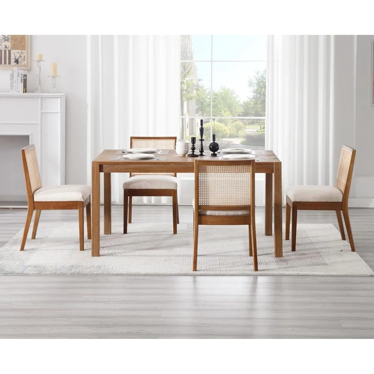 Esszimmerstühle Leinen Rattan Rückenlehne Holz Vintage 2 Stück Braun-2 – Bild 7
