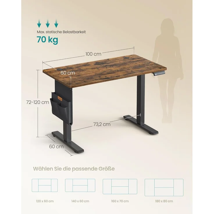 SONGMICS Höhenverstellbarer Schreibtisch elektrisch, 100x60 cm, Verstellbarer Tisch, Memory-Funktion für 4 Höhen, für Büro, vintagebraun LSD130KD01 – Bild 3