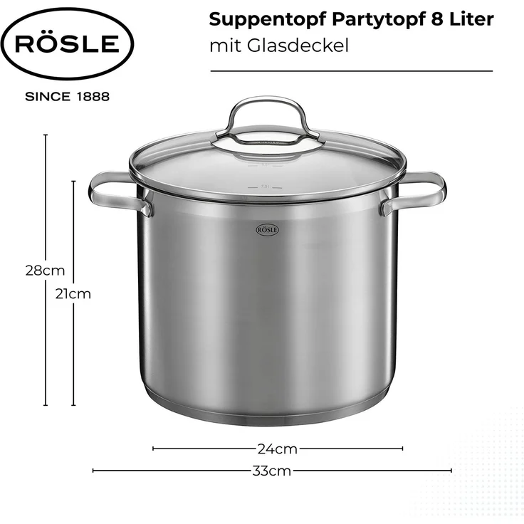 RÖSLE ELEGANCE Gemüse/Partytopf, Hochwertiger Edelstahltopf zum Kochen großer Mengen, 8 Liter, Edelstahl 18/10, Innenskalierung, Induktionsgeeignet, Spülmaschinengeeignet, 33x25. 5x28 cm – Bild 3