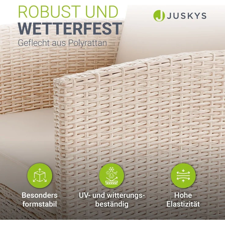 Juskys Polyrattan Gartenmöbel Sitzgruppe Turin Set 6 teilig - 7 Personen - Outdoor Möbel mit Sessel, Hocker, Tisch & Kissen - Loungemöbel Creme / Sand – Bild 3