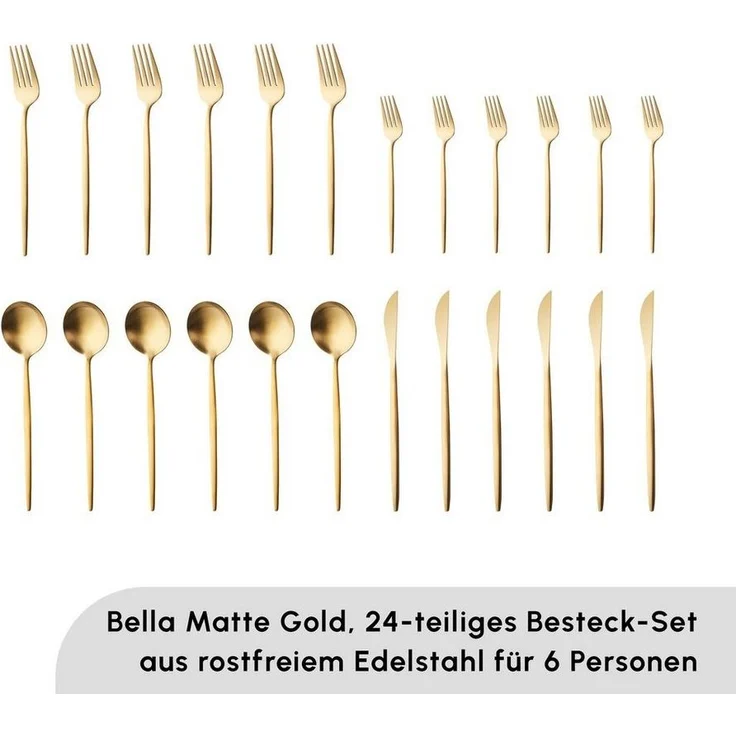 Karaca Besteck-Set Bella Besteck-Set 30tlg, 6 Personen, Edelstahl Tafelbesteck,Matte Gold (24-tlg), 6 Personen, 18/10 Edelstahl, bruchfest rostfrei – Bild 1