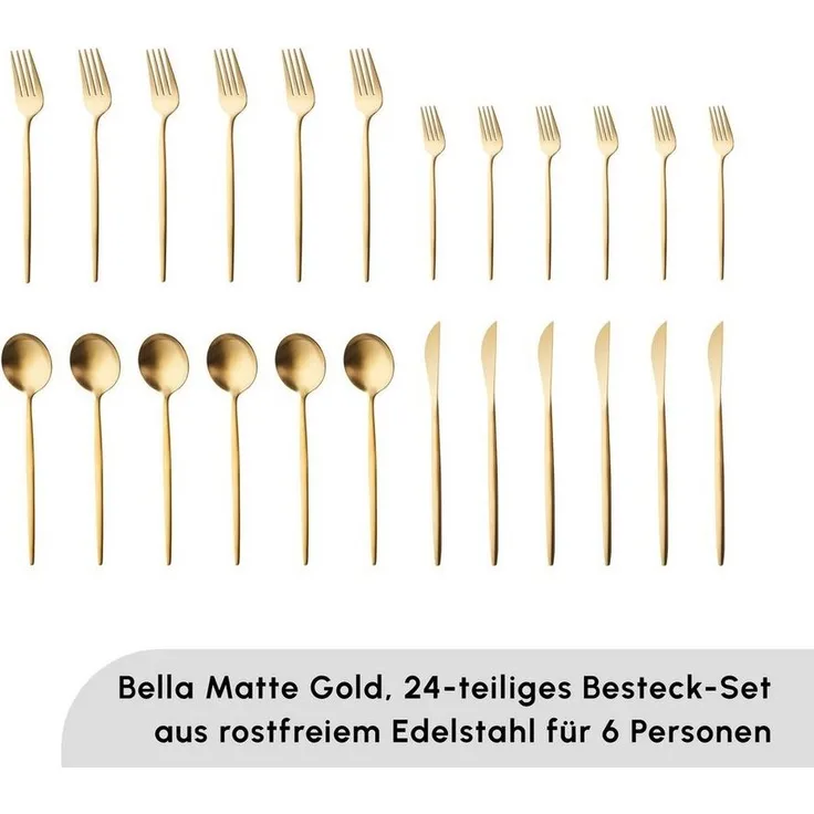Karaca Besteck-Set Bella Besteck-Set 30tlg, 6 Personen, Edelstahl Tafelbesteck,Matte Gold (24-tlg), 6 Personen, 18/10 Edelstahl, bruchfest rostfrei