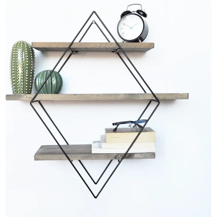 Calicosy Rautenförmiges Wandregal aus schwarzem Metall und Massivholz L60 cm - Holz – Bild 6