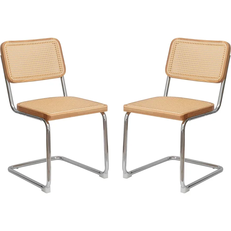 LVHOM 2er Set Freischwinger, Esszimmerstuhl mit Wiener Geflecht, Bauhaus Küchenstuhl aus Natur-Rattan, 25mm Chromgestell, stapelbarer Wohnzimmerstuhl, Natur