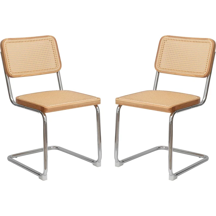 LVHOM 2er Set Freischwinger, Esszimmerstuhl mit Wiener Geflecht, Bauhaus Küchenstuhl aus Natur-Rattan, 25mm Chromgestell, stapelbarer Wohnzimmerstuhl, Natur – Bild 1