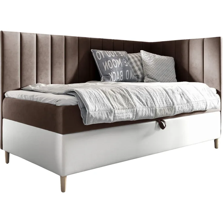 MEBLINI Kinderbett mit Bettkasten MAYA 3 80x200 Rechts – H3/Braun Samt Gepolstert Einzelbett mit Matratze - Polsterbett mit Stauraum - Bett mit Kopfteil – Stauraumbett