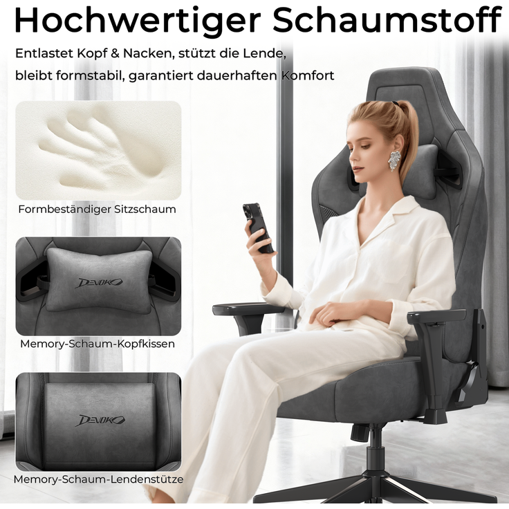Gaming-Stuhl mit luxuriösem Wildlederimitat – ergonomisch, großzügige Sitzfläche, verstellbare Rückenlehne 90°–135°, 3D-Armlehnen,Grau – Bild 5