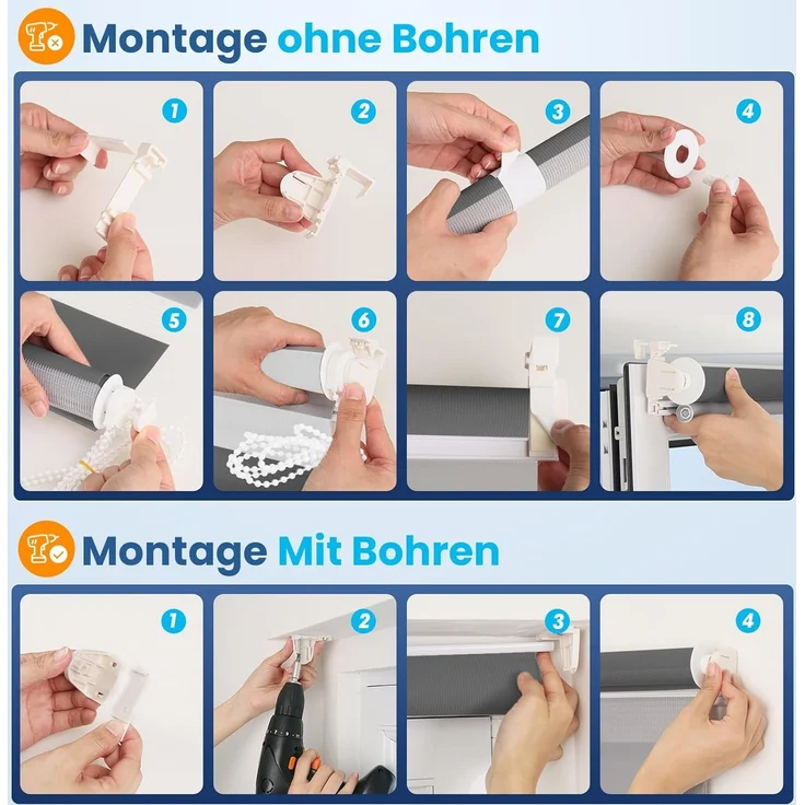 Grandekor Doppelrollo Klemmfix ohne Bohren Weiß-Grau-Anthrazit 70x150 cm(Stoffbreite 66cm) Fenster Rollos für innen Klemmrollos Duo Rollos für Fenster ohne Bohren mit Bohren Privatschutz Zebrarollo – Bild 8