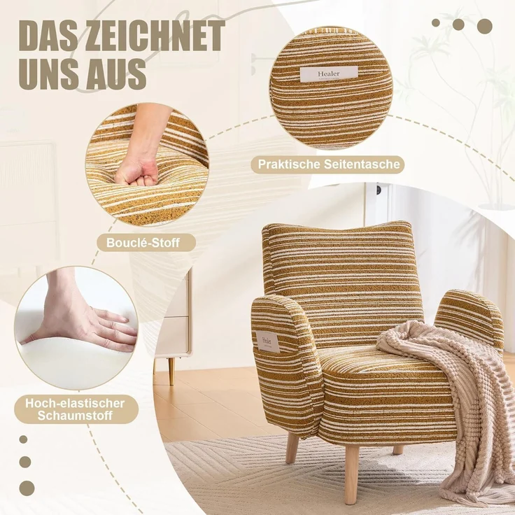 Ohrensessel Relaxsessel Lesesessel Massivholzbeine Gelb 77x81cm Gelb – Bild 3