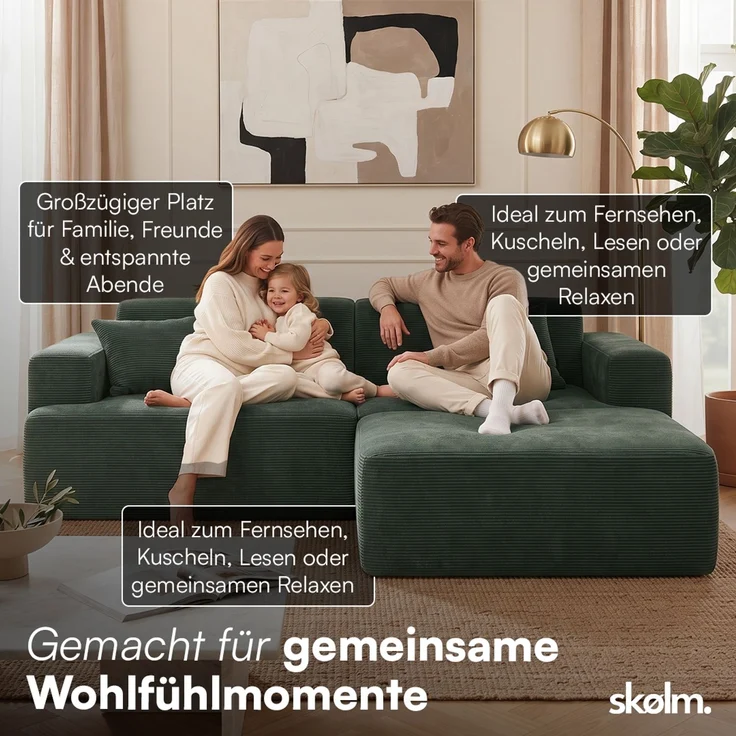 skølm 'Freki' Cloud Sofa 2 Sitzer mit Hocker, Vollschaumcouch mit Federkern und Vakuum-Kompression, kein Aufbau erforderlich, mit 2 Kissen, Cord dunkelgrün – Bild 4