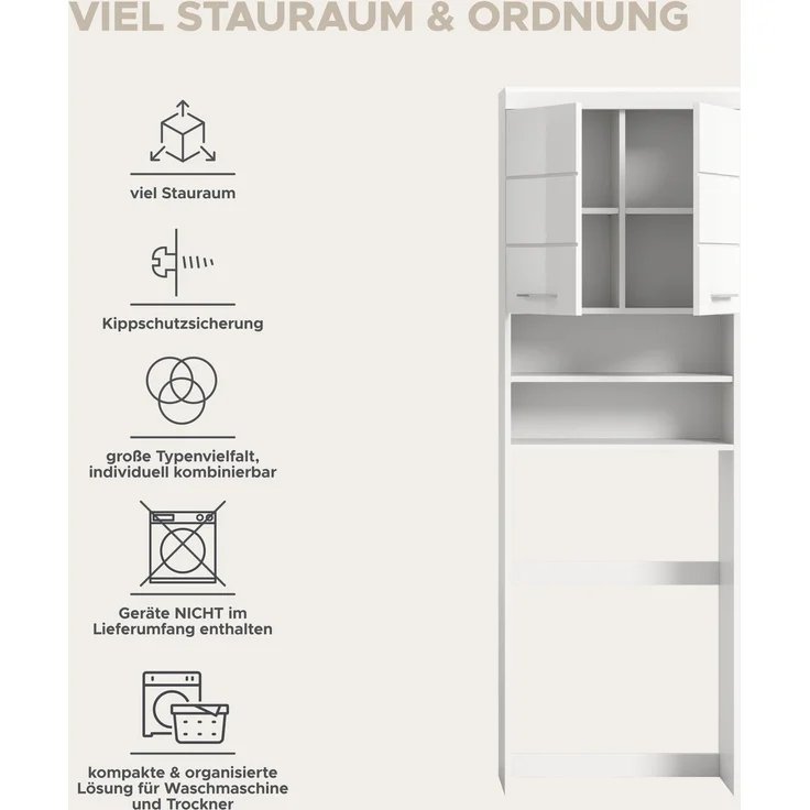 Xonox Scout Waschmaschienenüberbau (B/H/T: 63x191x24 cm) in weiß Nachbildung und weiß Hochglanz tiefzieh – Bild 11