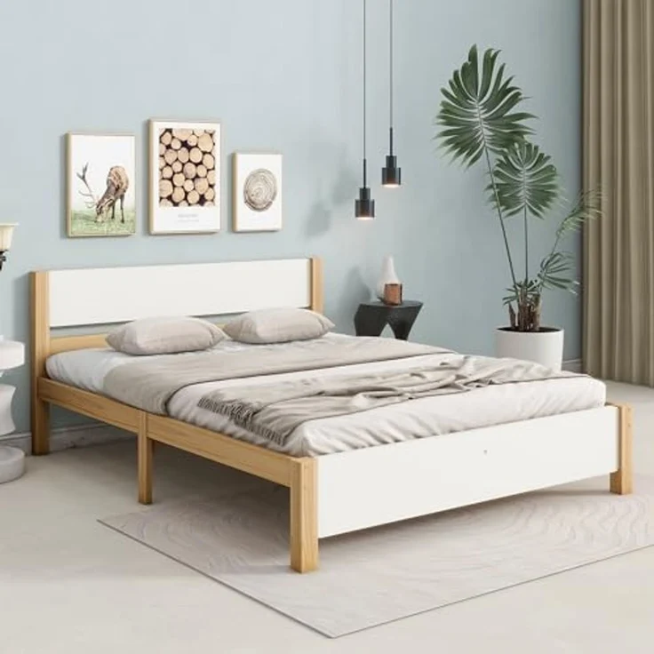 Ball & Cast Massivholzbett (140x200 cm) mit Kopf- und Fußteil aus MDF, Holzbett mit Lattenrost, ohne Matratzen, EStabil & Rauschlos, Weiß+Natur – Bild 3