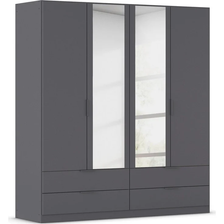 Rauch Möbel Lagoa, Kleiderschrank, Garderobe für Schlafzimmer, Kinderzimmer, Jugendzimmer 4-türig mit Spiegel, 4 Schubladen, mit Zubehör Basic, Farbe Grau metallic, Schwarz, Breite 181 cm – Bild 1