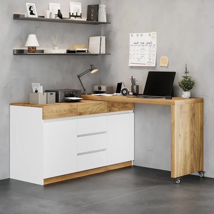 ZUBALIYA Schreibtisch mit feststellbaren Rollen – multifunktionales Design, 4 cm dickere, drehbare Tischplatte, fest arretierbar, weiß/Eiche, Faltbarer Schreibtisch, Eckschreibtisch, Sideboard,Dicke Materialie – Modell N880P5298689O – Bild 1