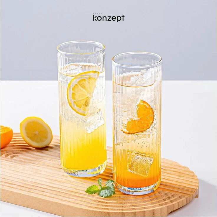 KONZEPT Gläser-Set 6er – 320 ml geriffelte Longdrinkgläser aus klarem Glas, 6-tlg, Einzigartige Form, Ideal für Cocktails, Gin Tonic, Eiskaffee – Bild 4