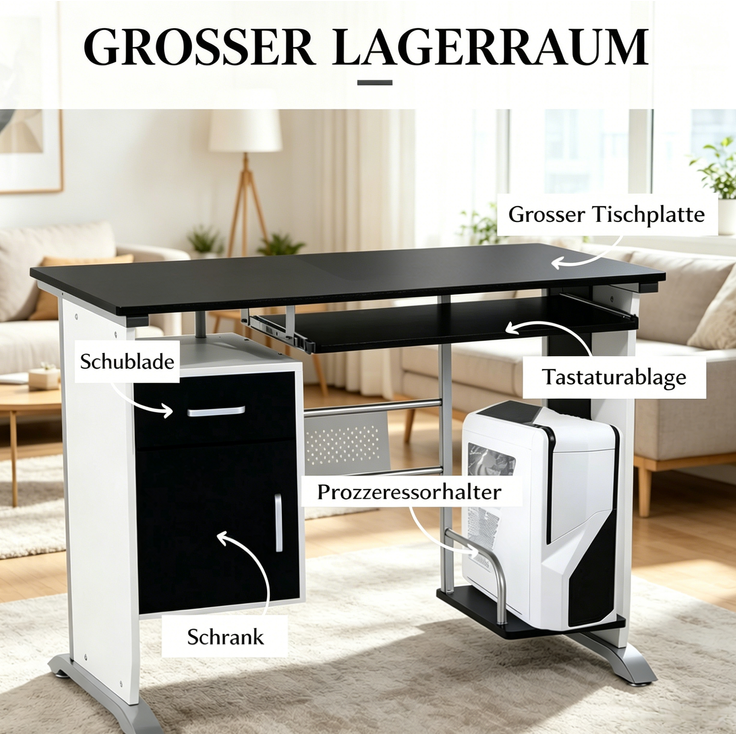 Computerschreibtisch mit Stauraum und Ausziehablage, 100x52x75 cm, Schwarz/Weiß/Silber – Bild 6