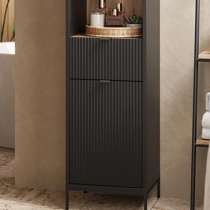 Vicco Hochschrank Eliza, Schwarz/Viking Oak, 40 x 190 cm mit 2 Türen und 1 Schublade (1-St) – Bild 4