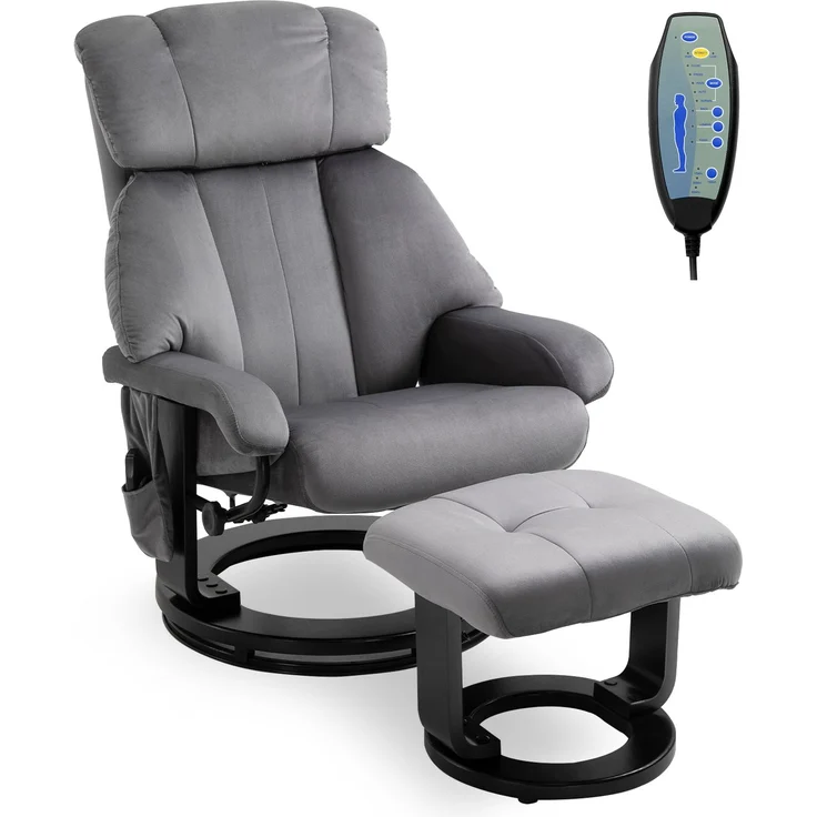 Wohnora-Relaxsessel mit Hocker, Drehbarer Fernsehsessel mit Schwingmassage, Liegefunktion, Massagesessel mit Seitentasche, Liegesessel mit Samtoptik für Wohnzimmer Grau,H 1020cm x T 760cm x B 800cm – Bild 1