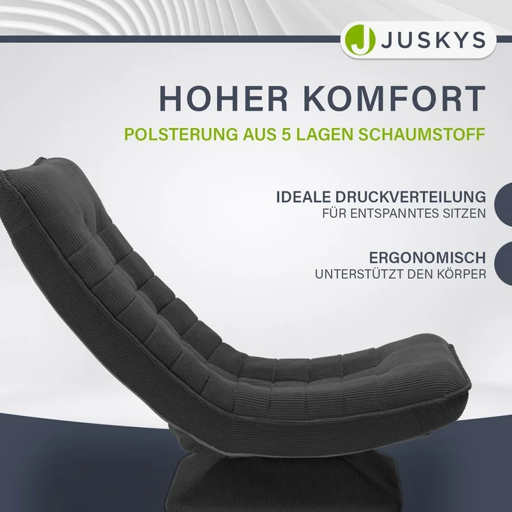 Juskys Relaxsessel Korsika - ergonomisches Design, 360° drehbar, hoher Komfort, klappbar, modernes Design, 5-lagige Polsterung, Cord-Bezug - Grau – Bild 5