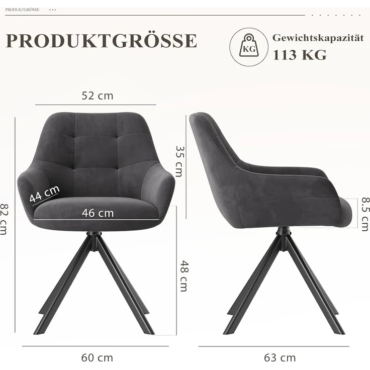 COLAMY Drehbare Esszimmerstühle 2er Set, Esszimmerstühle Drehbar mit Armlehne, Armlehnstuhl Drehbar mit Rückenlehne für Esszimmer, Stühle aus Weichem Florstoff mit Metallgestell für Küche, Grau – Bild 3