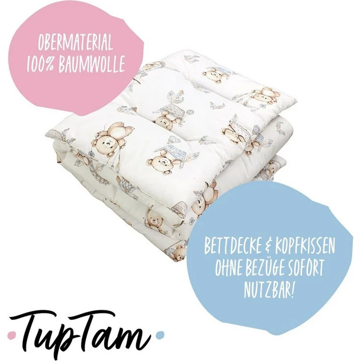 TupTam Kinderbettdecke-Set, Ganzjahresdecke, 2tlg., 1x Bettdecke, 1x Flachkissen, Teddybären in Körbchen Beige Ecru, 135x100 cm – Bild 3