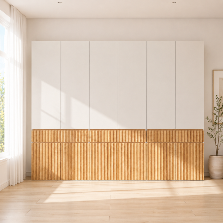Kleiderschrank 270 x 50 x 200 cm aus MDF und Spanplatte, mit 12 Drehtüren, 3 Schubladen und 3 Kleiderstangen – Bild 3