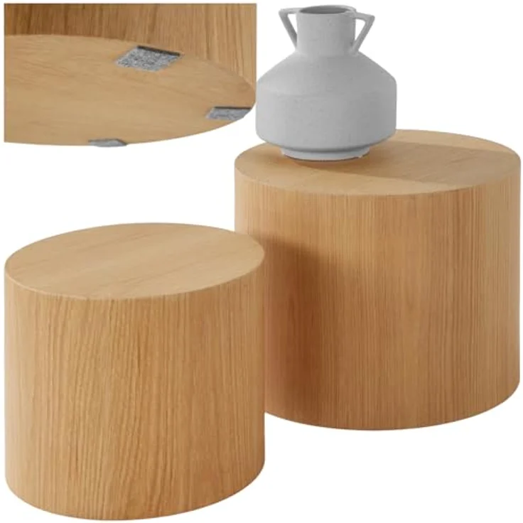 tectake Couchtische Danny, 2er Set aus Eichenfurnier, rund, Ø 48 & 38 cm, stabil und pflegeleicht, komplett montiert – Bild 1