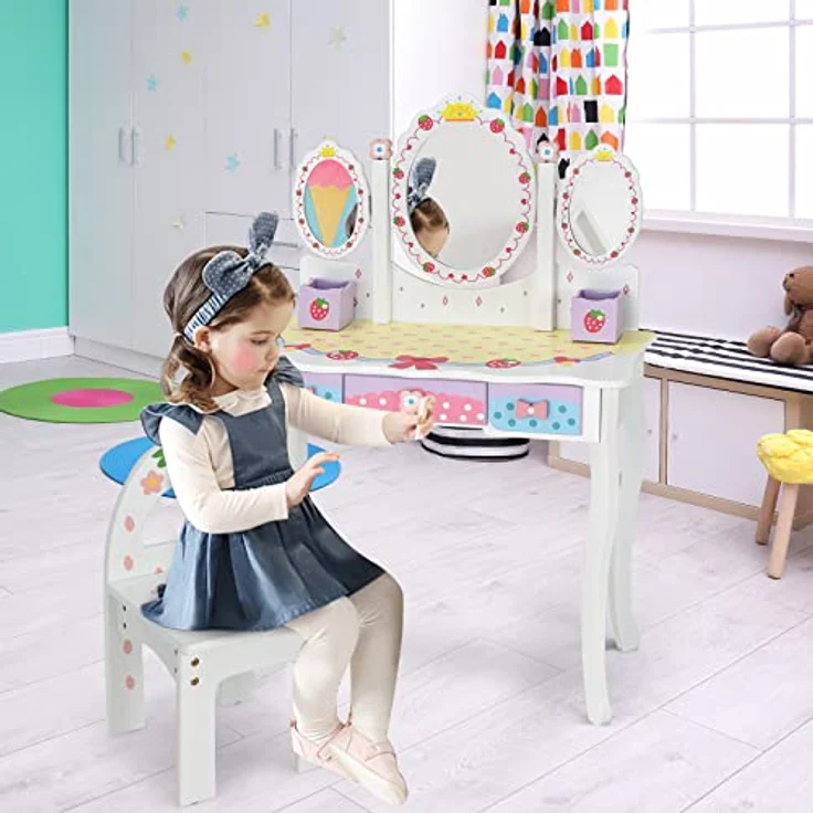 COSTWAY Kinder Schminktisch Set, Prinzessin Frisiertisch mit Klappbarem Spiegel, Schminkhocker und 3 Schubladen, Make-up Schminktisch Frisierkommode für Kinder Mädchen (Weiß) – Bild 10