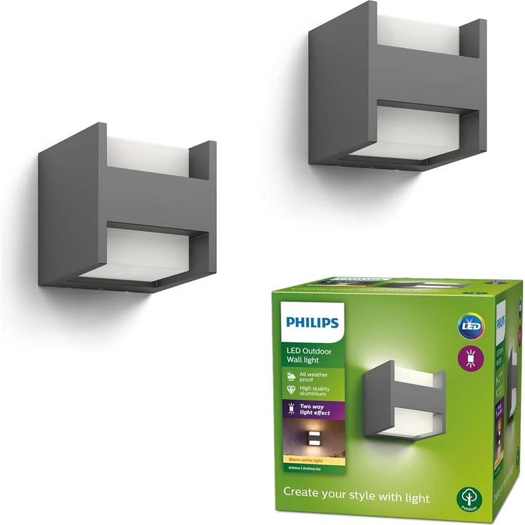 Philips Arbour LED Outdoor Wandleuchte (4,5 W), 2-flammig, wetterfeste Außenleuchte mit warmweißem Licht, LED Beleuchtung, anthrazit, Doppelpack