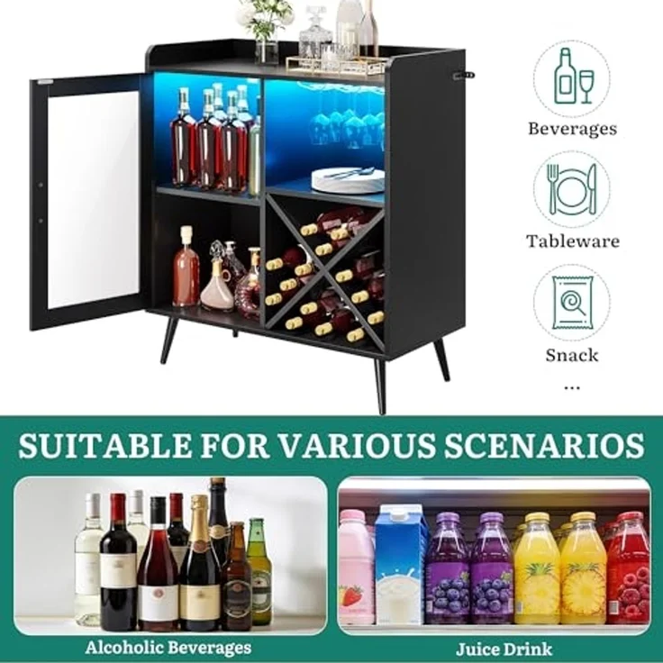 YITAHOME Kleiner Barschrank mit LED-Lichtern, Acryltür & Weinregal, Kaffeebar mit Getränkehaltern, Sideboard für Hausbar, Esszimmer, Wohnzimmer oder Küche, Schwarz – Bild 5