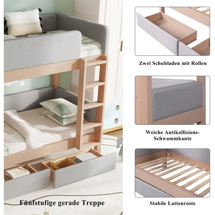 Etagenbett mit gepolstertem Rausfallschutz und Schubladen, 90x200cm, Kinderbett mit Trittleiter und Lattenrost, Massivholz – Bild 4