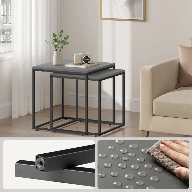 Home Collective Couchtisch 2er Set Beistelltisch Loft Design 2in1 Verschachtelung Wohnzimmer, kratzfeste Oberfläche 50&45cm Zement-Grau schwarzen Beinen quadratisch – Bild 3