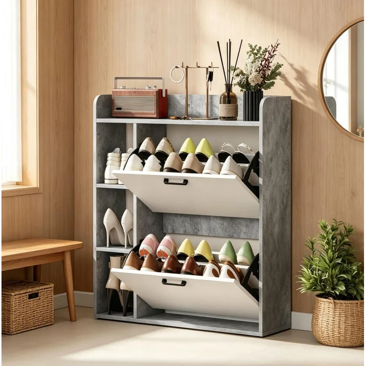 DESVIAE Garderobenschrank Schuhschrank Grau-Weiß aus Spanplatte – 83x90,5x24 cm – 2 Kippschränke – Bild 2